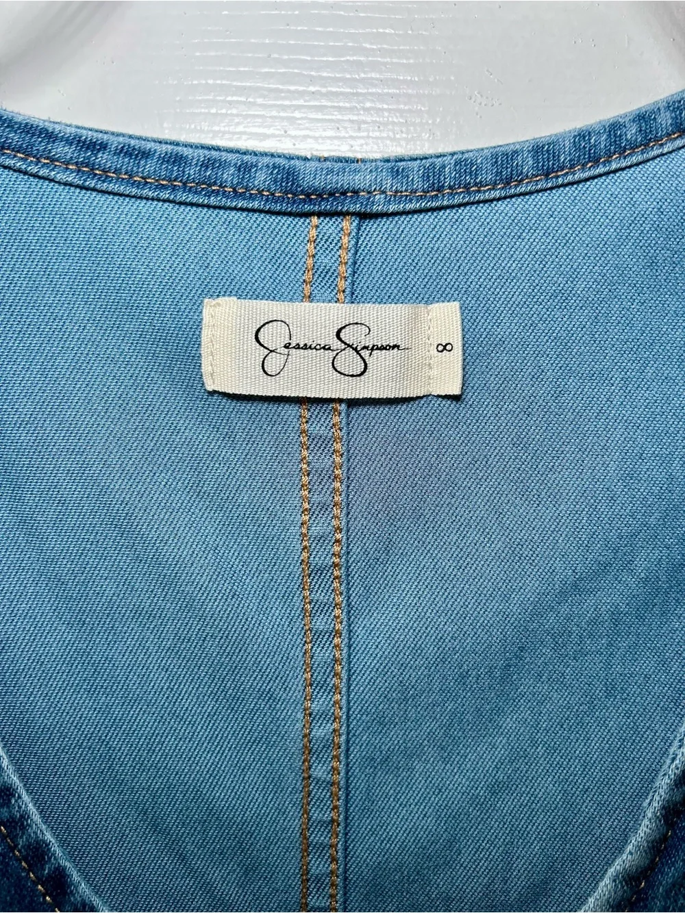 ✨ Jessica Simpson Denim Flare Jumpsuit Whishered Blue Retro 70s Size 8 - Picture 4 of 8